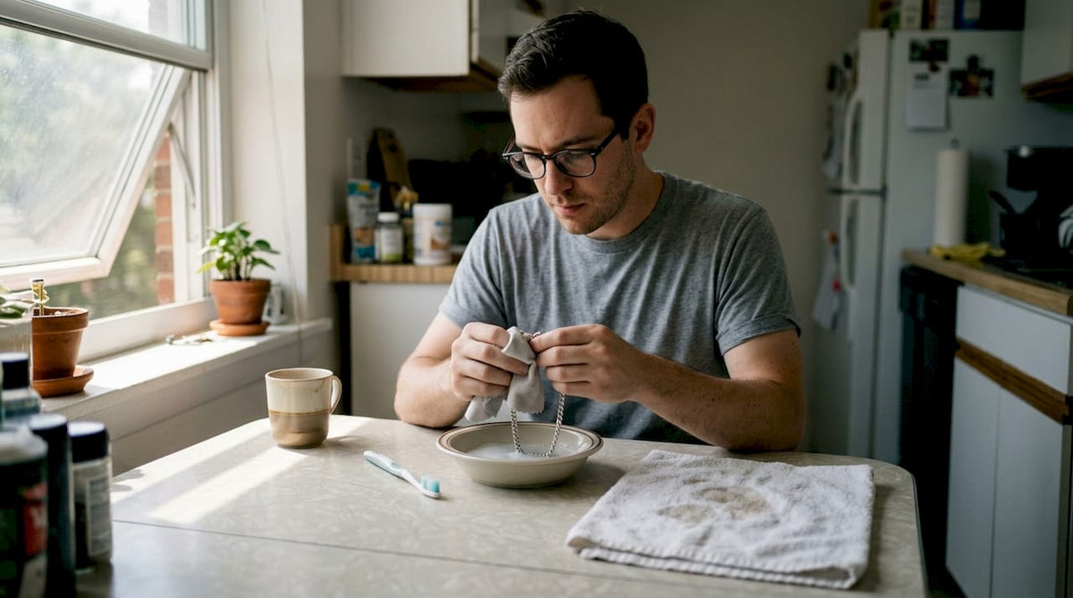 Man cleaning silver chain at home table