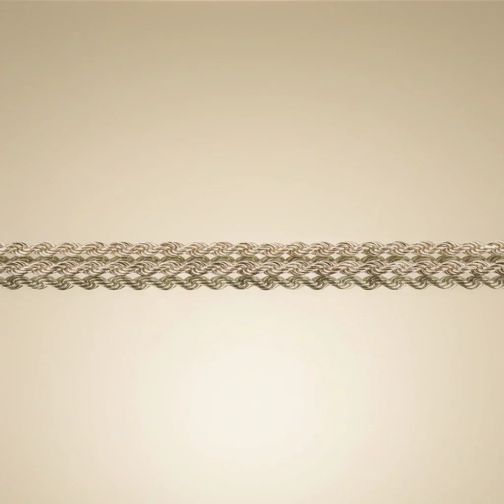 Close-up of a sterling silver rope chain laid horizontally on a neutral background, used as a banner image for a guide to the best chains for men.