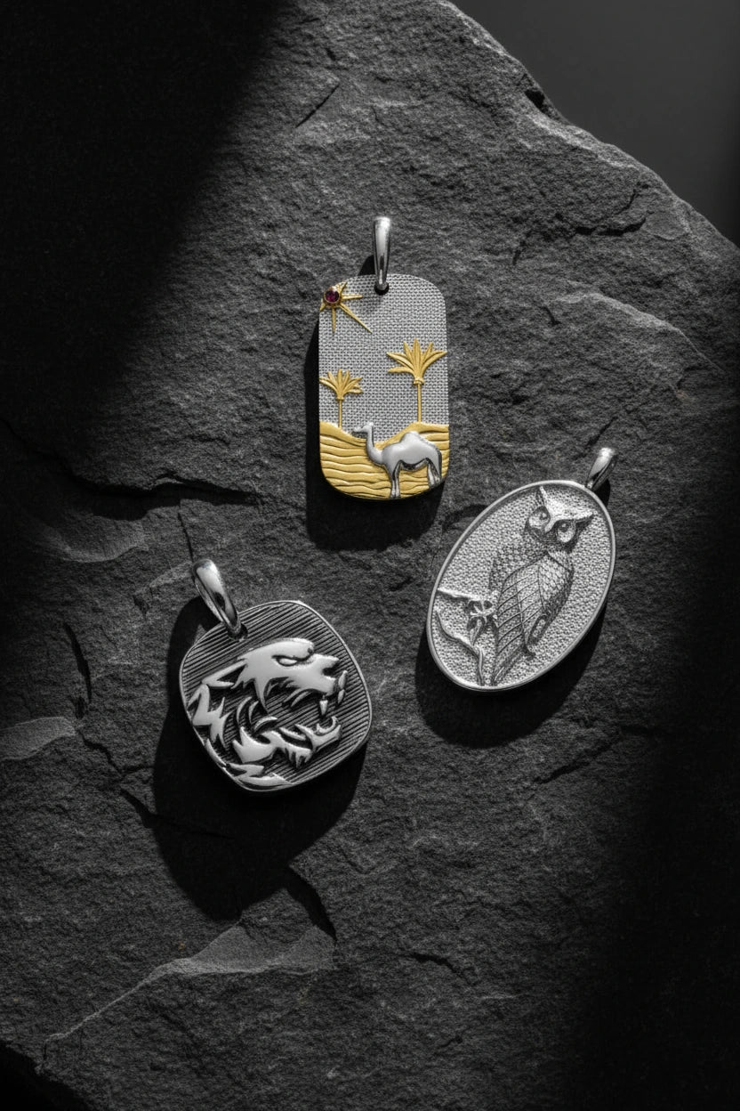 men's sterling silver pendants on dark stone background
