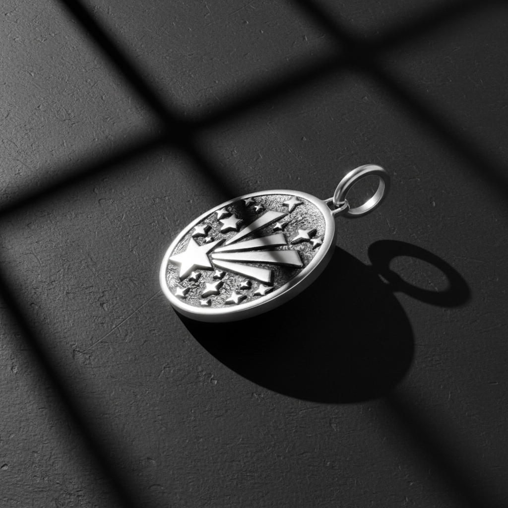 Shooting star pendant displayed on smooth dark meteorite stone with dramatic shadows, showcasing luxurious masculine jewelry design