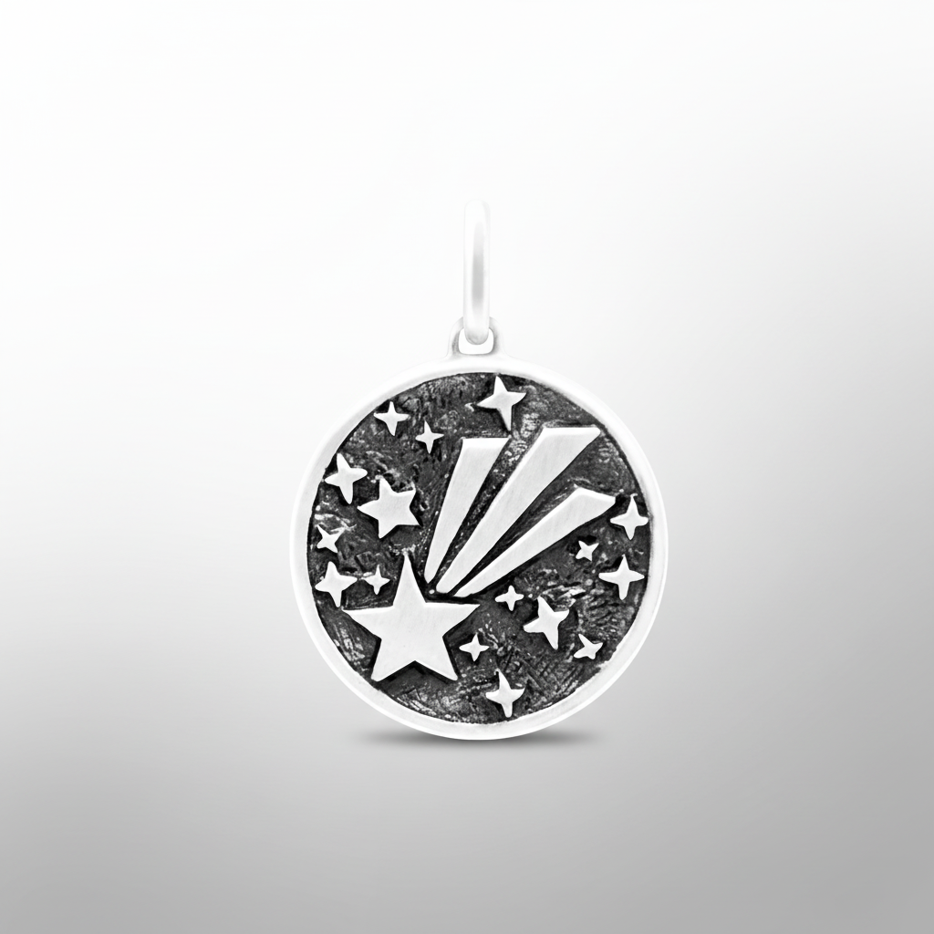 Shooting star pendant front view on light grey background, minimalist product photography