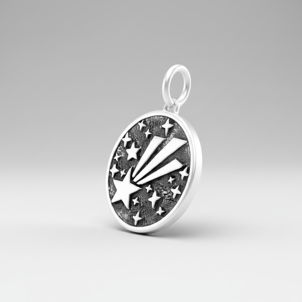 Shooting star pendant at an angle on light grey background, displaying dimension and metallic finish