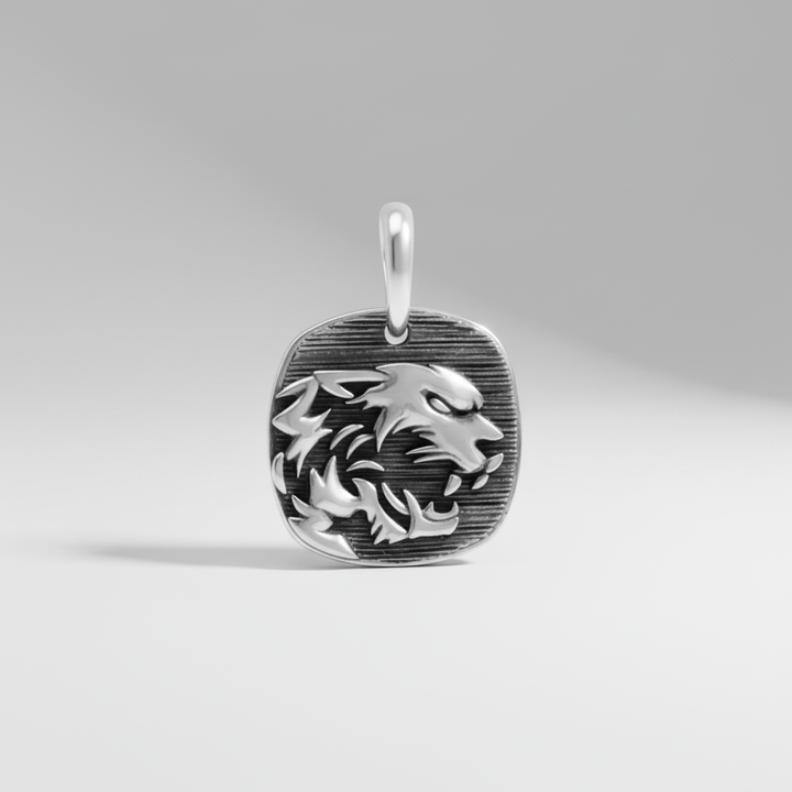MCKER sterling silver cheetah pendant front view showcasing detailed wild cat design and craftsmanship
