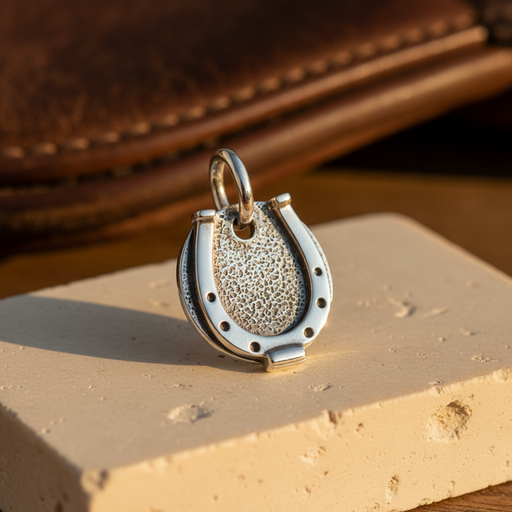 Men's silver horseshoe necklace with equestrian-inspired design and metallic accents
