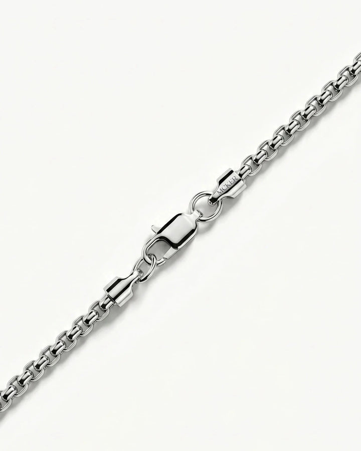 Clasp detail on the MCKER 1.6mm round box sterling silver chain