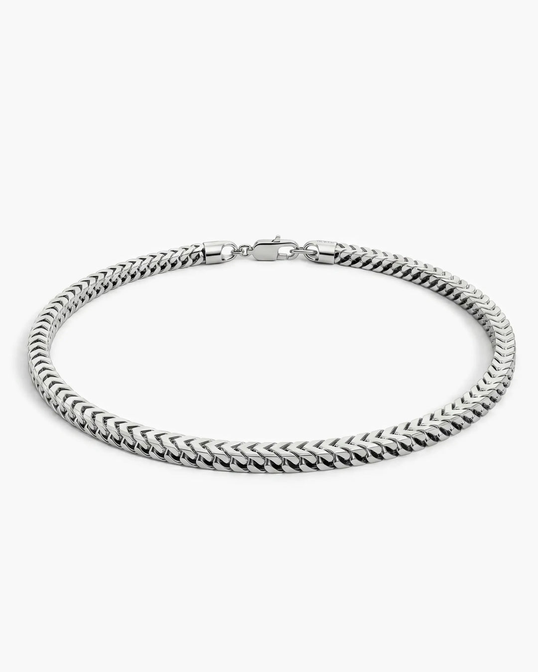 Men’s 3mm sterling silver Franco bracelet shown from a low side angle.