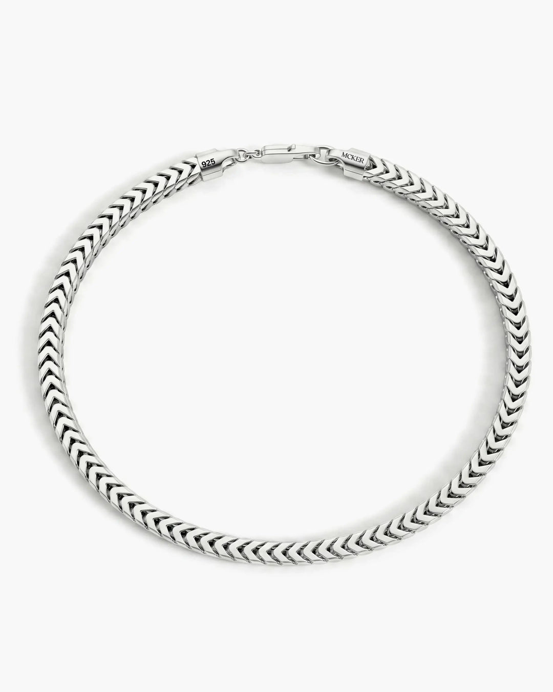 Men’s 3mm sterling silver Franco bracelet shown from the top with clasp detail.