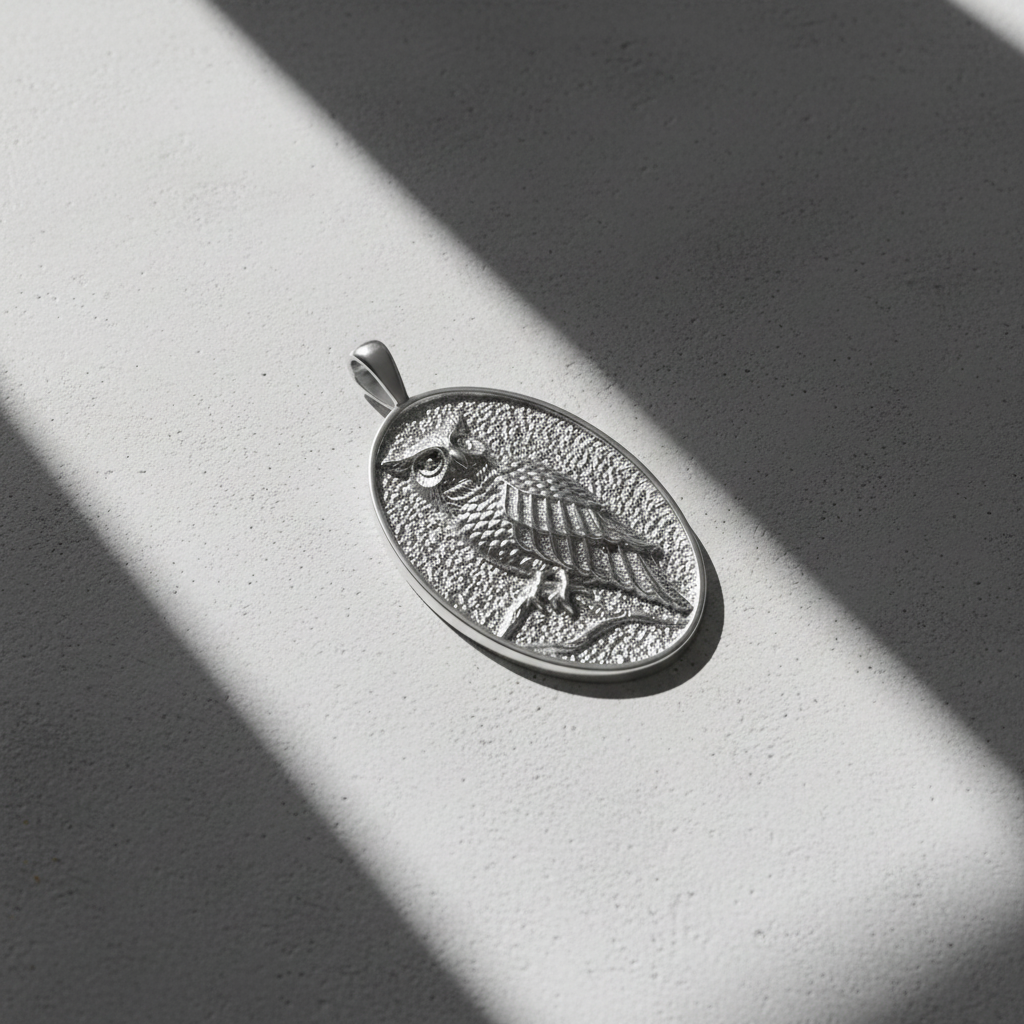 Handcrafted owl pendant in sterling silver displayed on light background with dramatic shadows, showcasing intricate details and masculine design