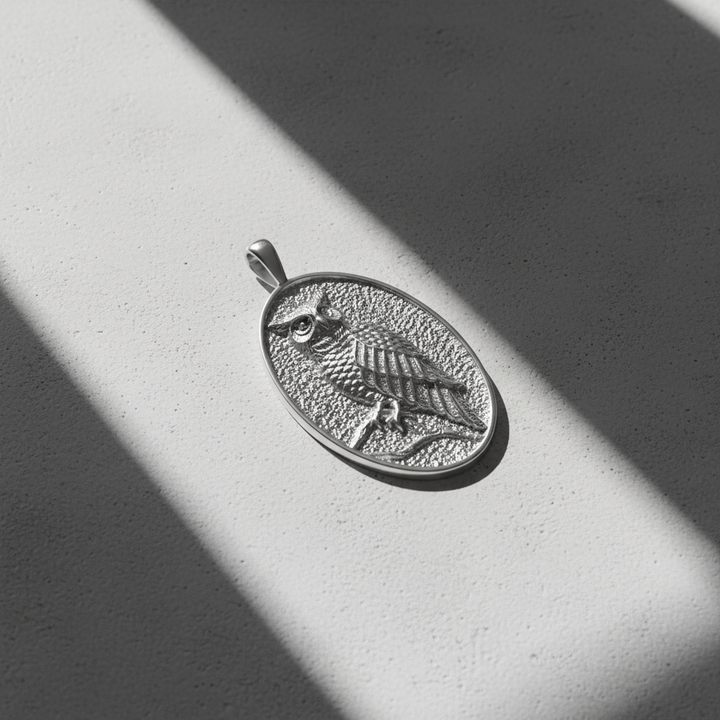 Handcrafted owl pendant in sterling silver displayed on light background with dramatic shadows, showcasing intricate details and masculine design