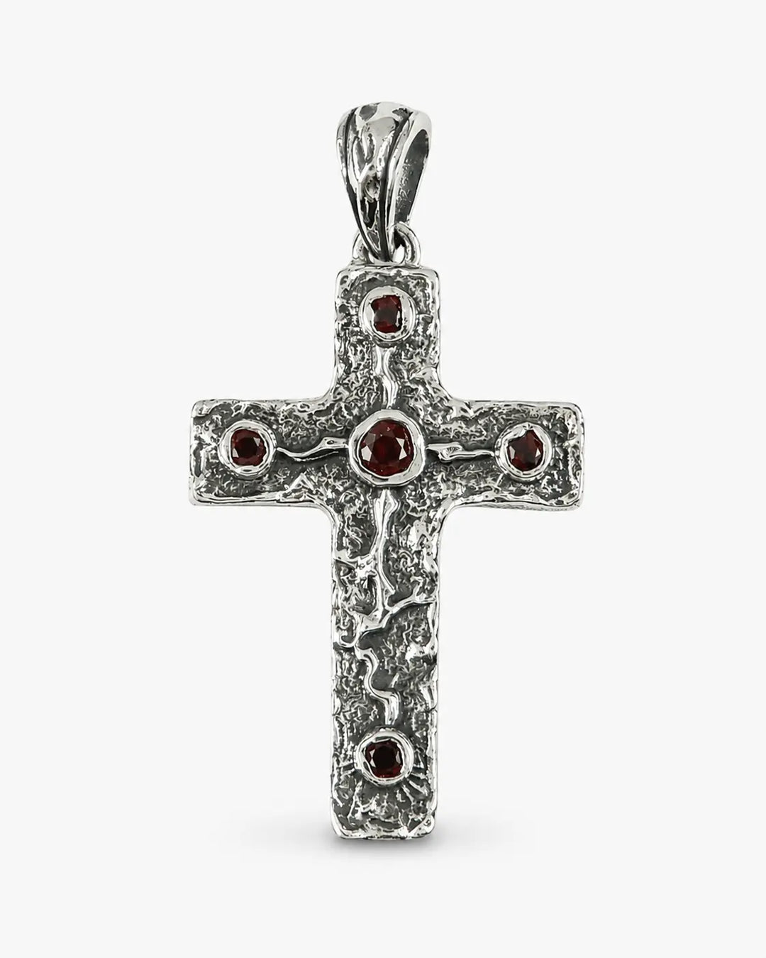 Relic Cross pendant in sterling silver with natural garnet stones, front view
