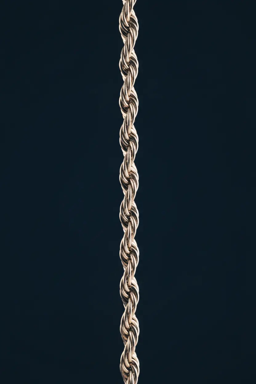 sterling silver Rope chain aligned vertically to show dimensions
