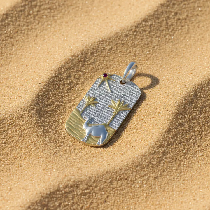 Sahara pendant with silver, gold vermeil and red stone detail on sand