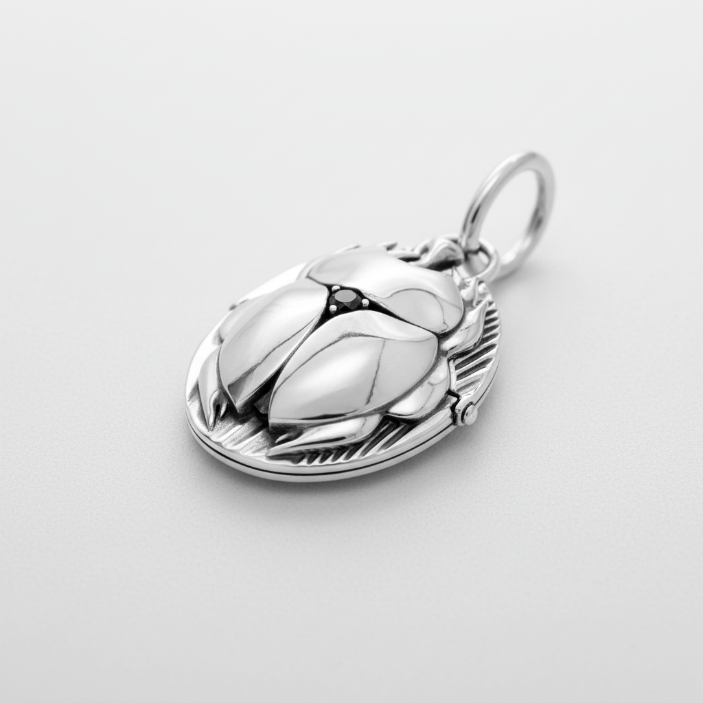 Close-up of MCKER scarab pendant highlighting intricate Egyptian scarab beetle details and premium silver craftsmanship.