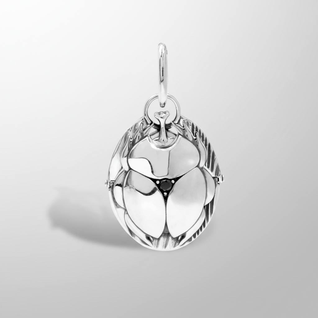 MCKER sterling silver scarab pendant front view showcasing Egyptian-inspired beetle design and intricate details
