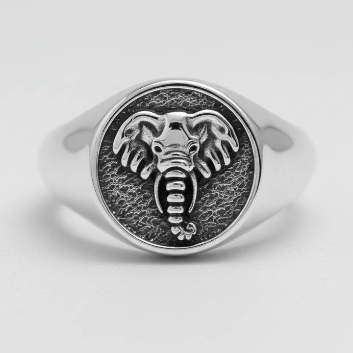Close-up of MCKER tusked ring highlighting intricate tusk design and premium sterling silver craftsmanship
